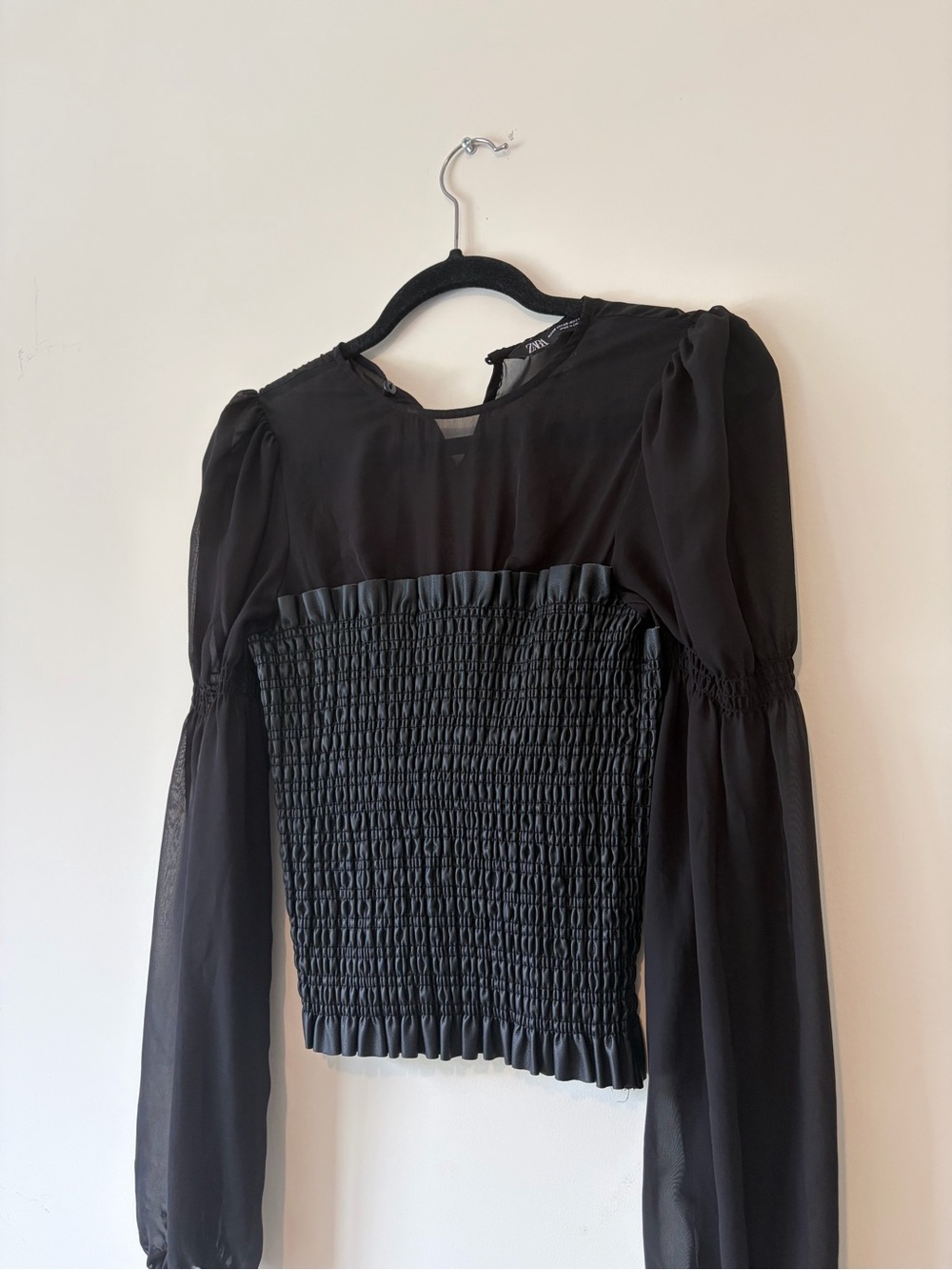 Zara Black Smocked Blouse with Sheer Long Sleeves - Picture 3 of 6